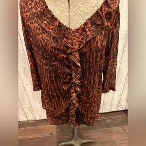 Rafaella Brown Animal Print Ruffle Blouse